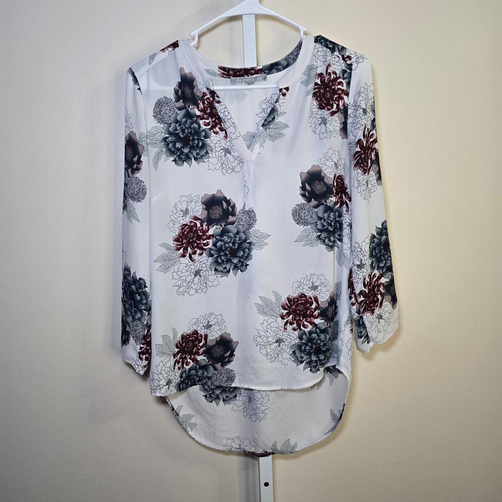 Daniel Rainn White Floral Print V Neck 3/4 Sleeve High Low Tunic Blouse Top S